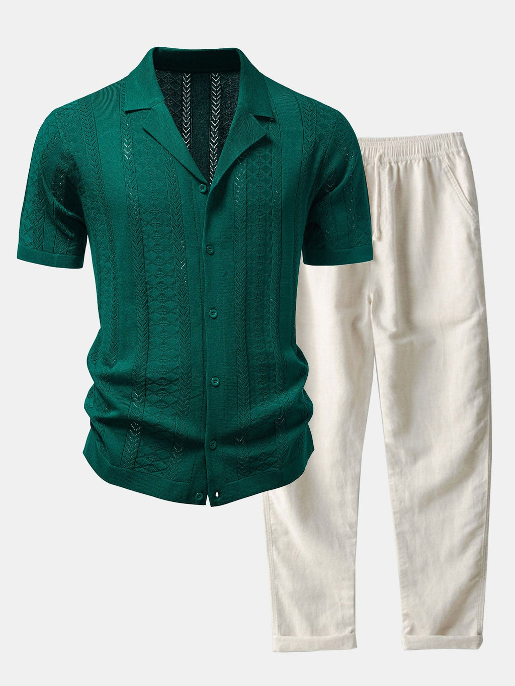 Textured Jacquard Open Knit Shirt & Straight Leg Linen Pants
