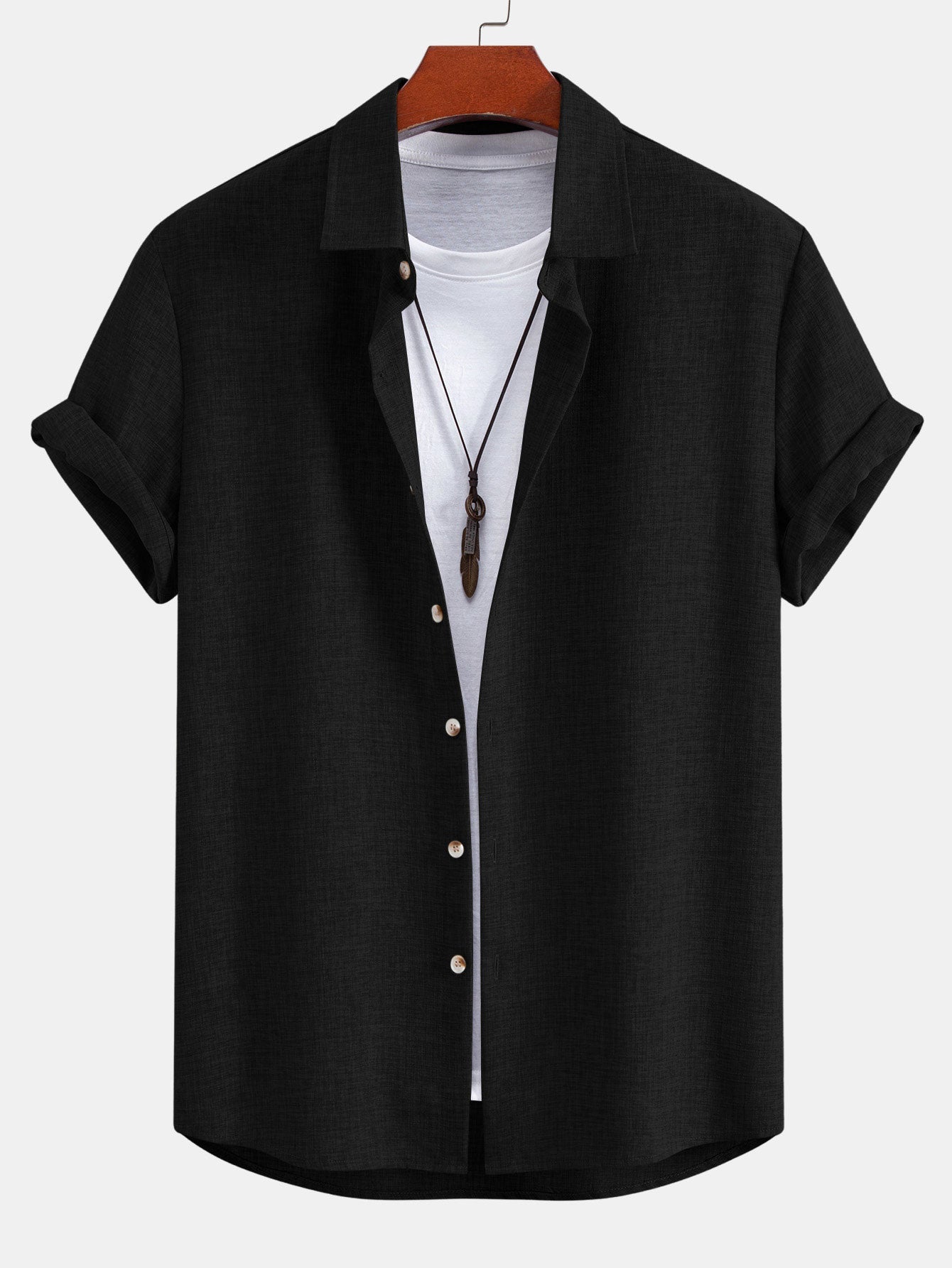 Linen Look Button Up Shirt & Crinkle Textured Straight Leg Pants