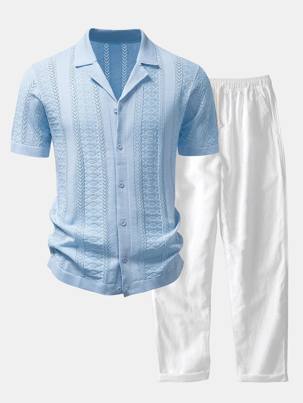 Textured Jacquard Open Knit Shirt & Straight Leg Linen Pants