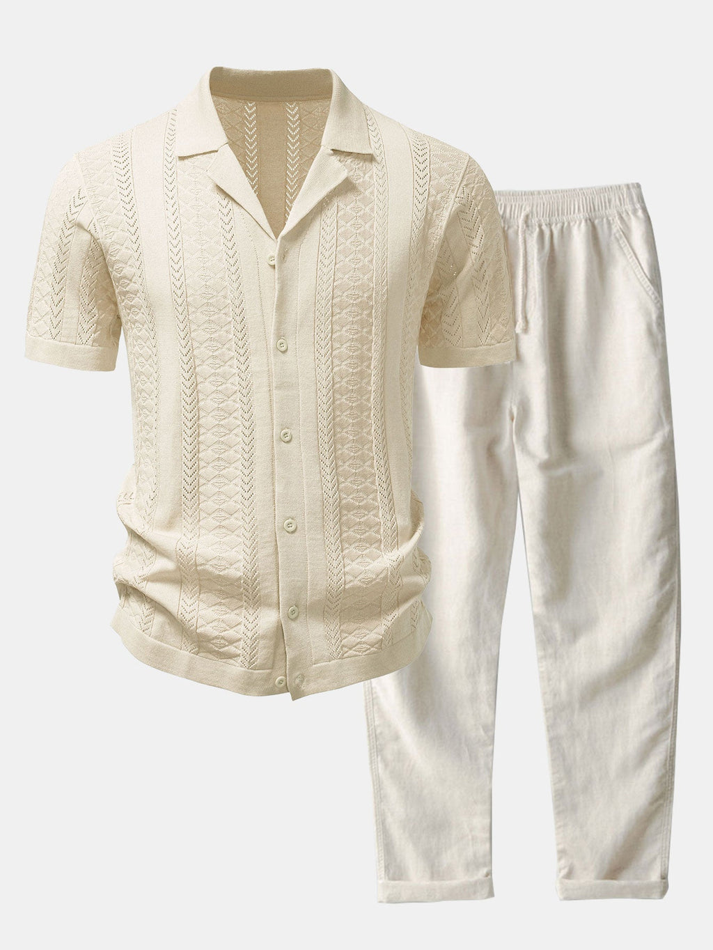 Textured Jacquard Open Knit Shirt & Straight Leg Linen Pants