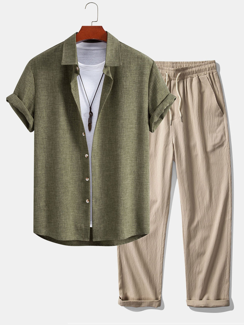 Linen Look Button Up Shirt & Crinkle Textured Straight Leg Pants