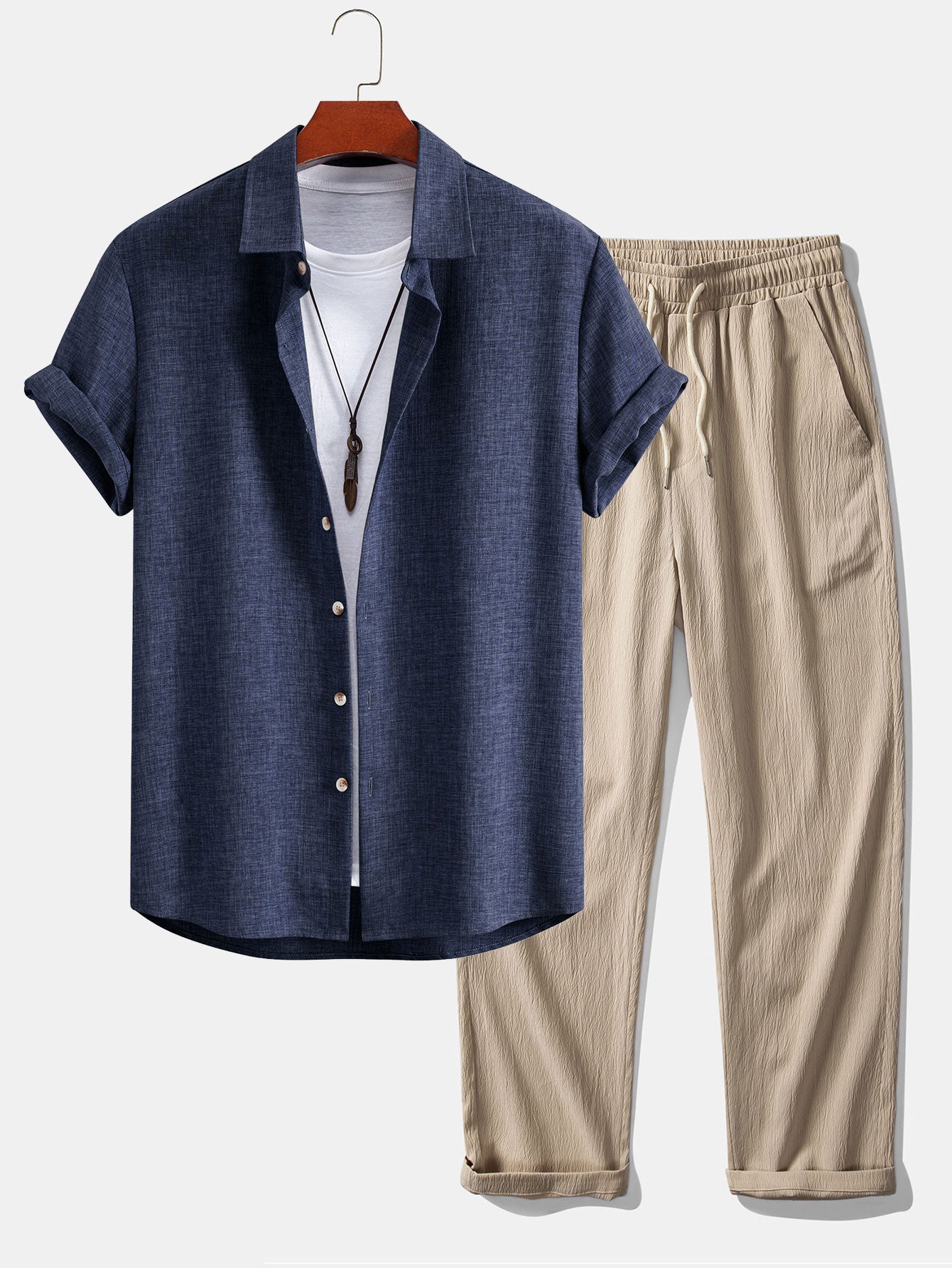 Linen Look Button Up Shirt & Crinkle Textured Straight Leg Pants