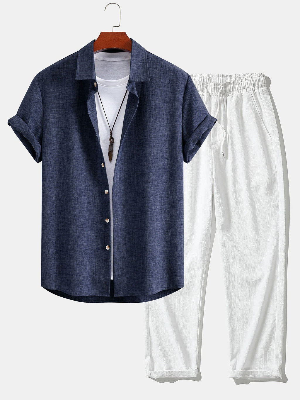 Linen Look Button Up Shirt & Crinkle Textured Straight Leg Pants