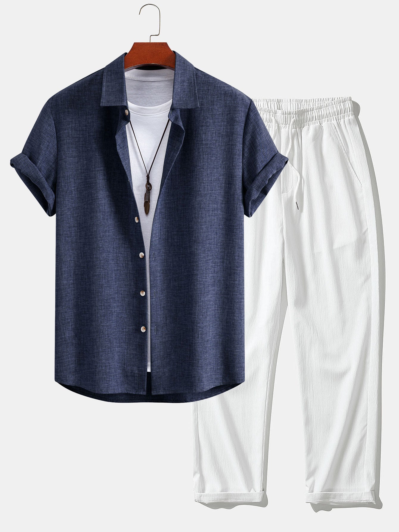 Linen Look Button Up Shirt & Crinkle Textured Straight Leg Pants