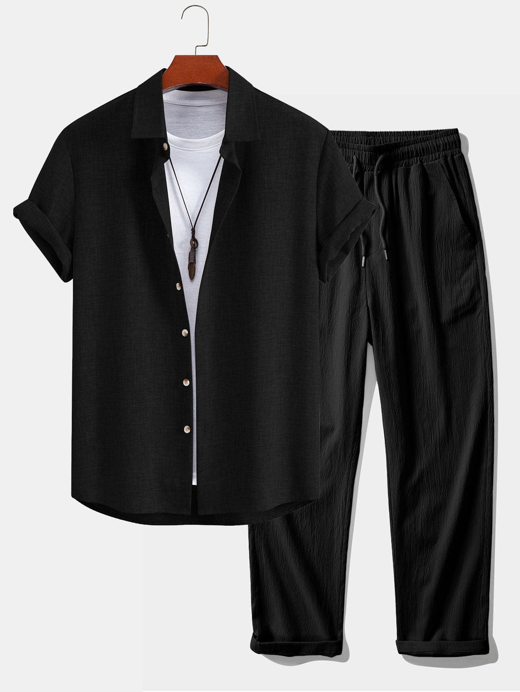 Linen Look Button Up Shirt & Crinkle Textured Straight Leg Pants