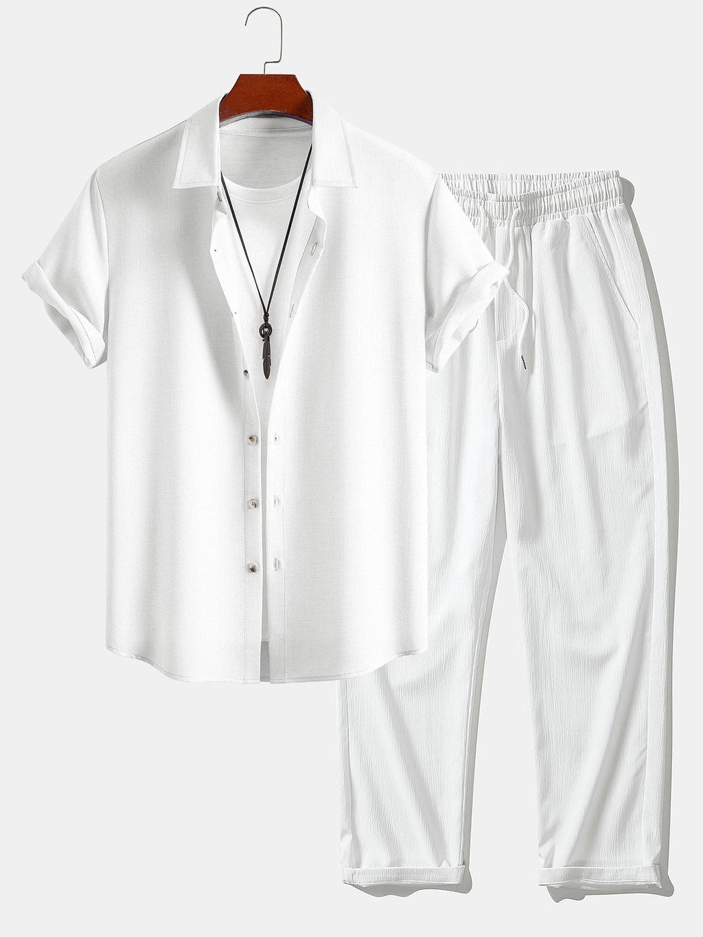 Linen Look Button Up Shirt & Crinkle Textured Straight Leg Pants