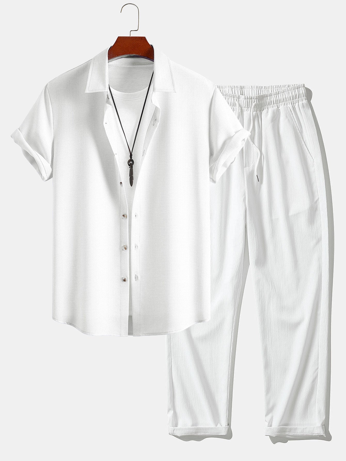 Linen Look Button Up Shirt & Crinkle Textured Straight Leg Pants