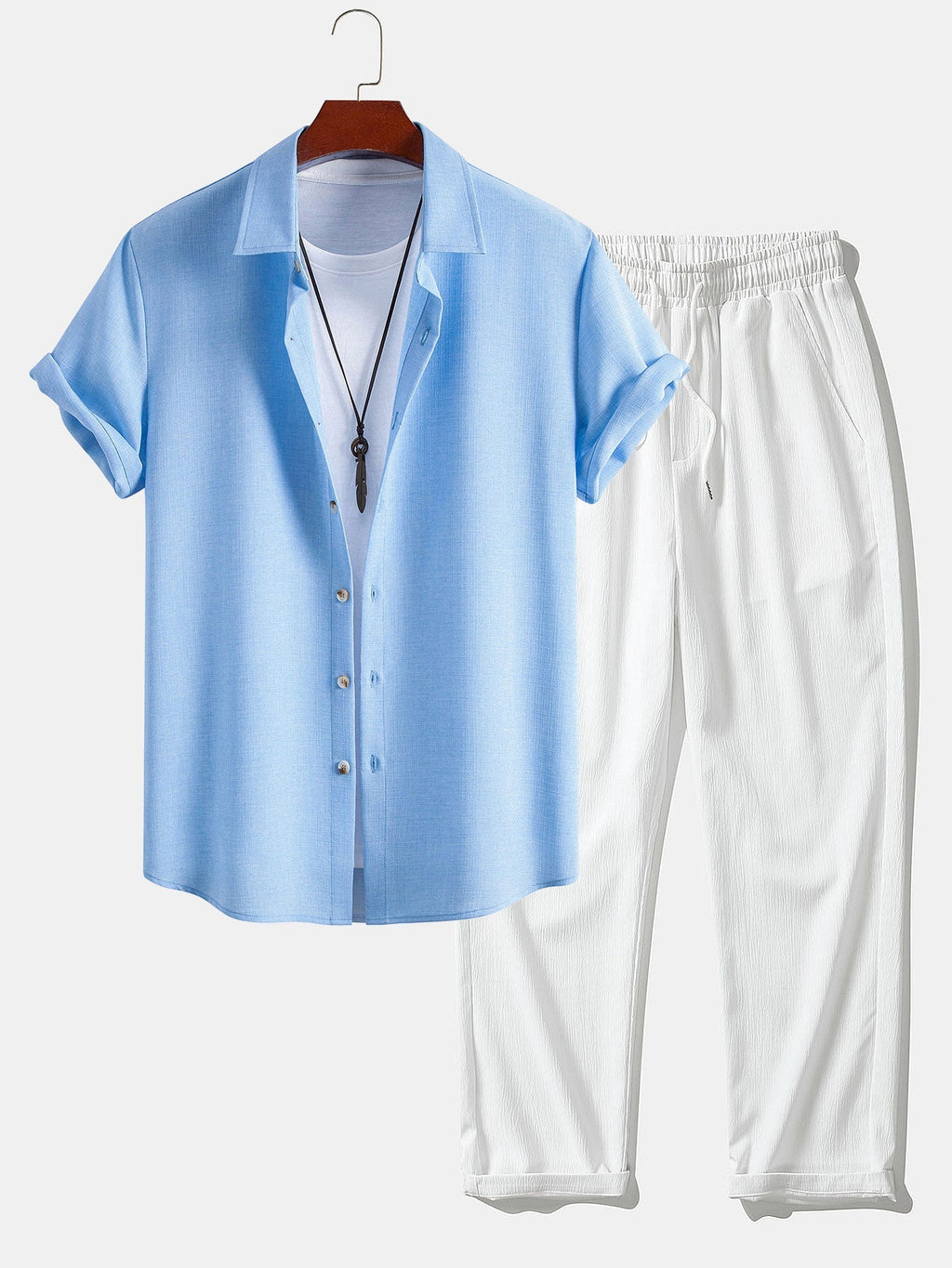 Linen Look Button Up Shirt & Crinkle Textured Straight Leg Pants