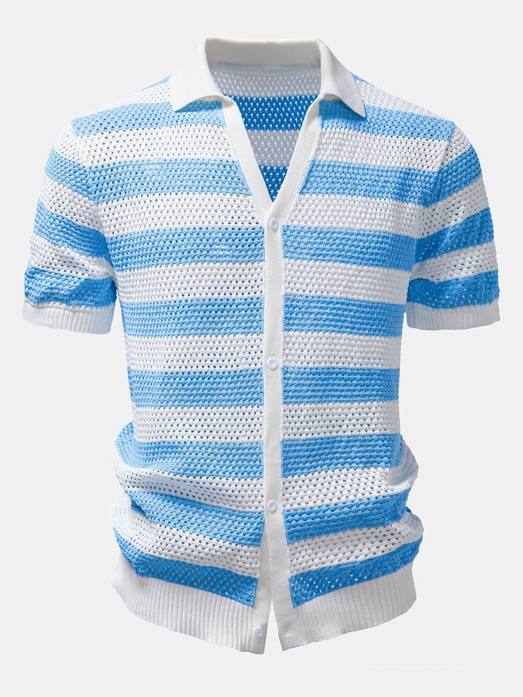 Stripe V Neck Open Knit Shirt & Crinkle Textured Straight Leg Pants