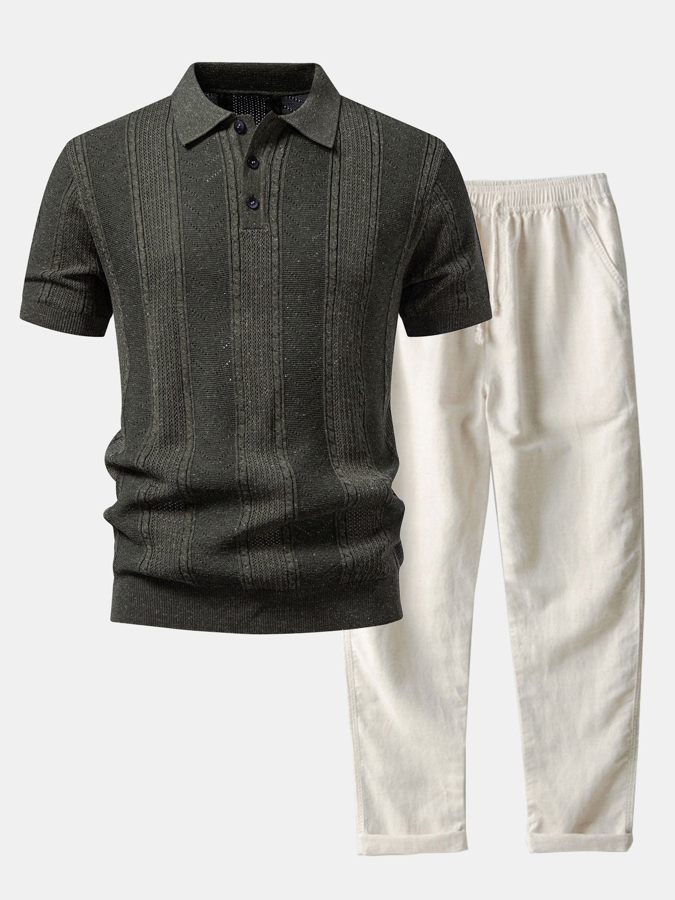Linen Textured Knit Polo & Straight Leg Linen Pants