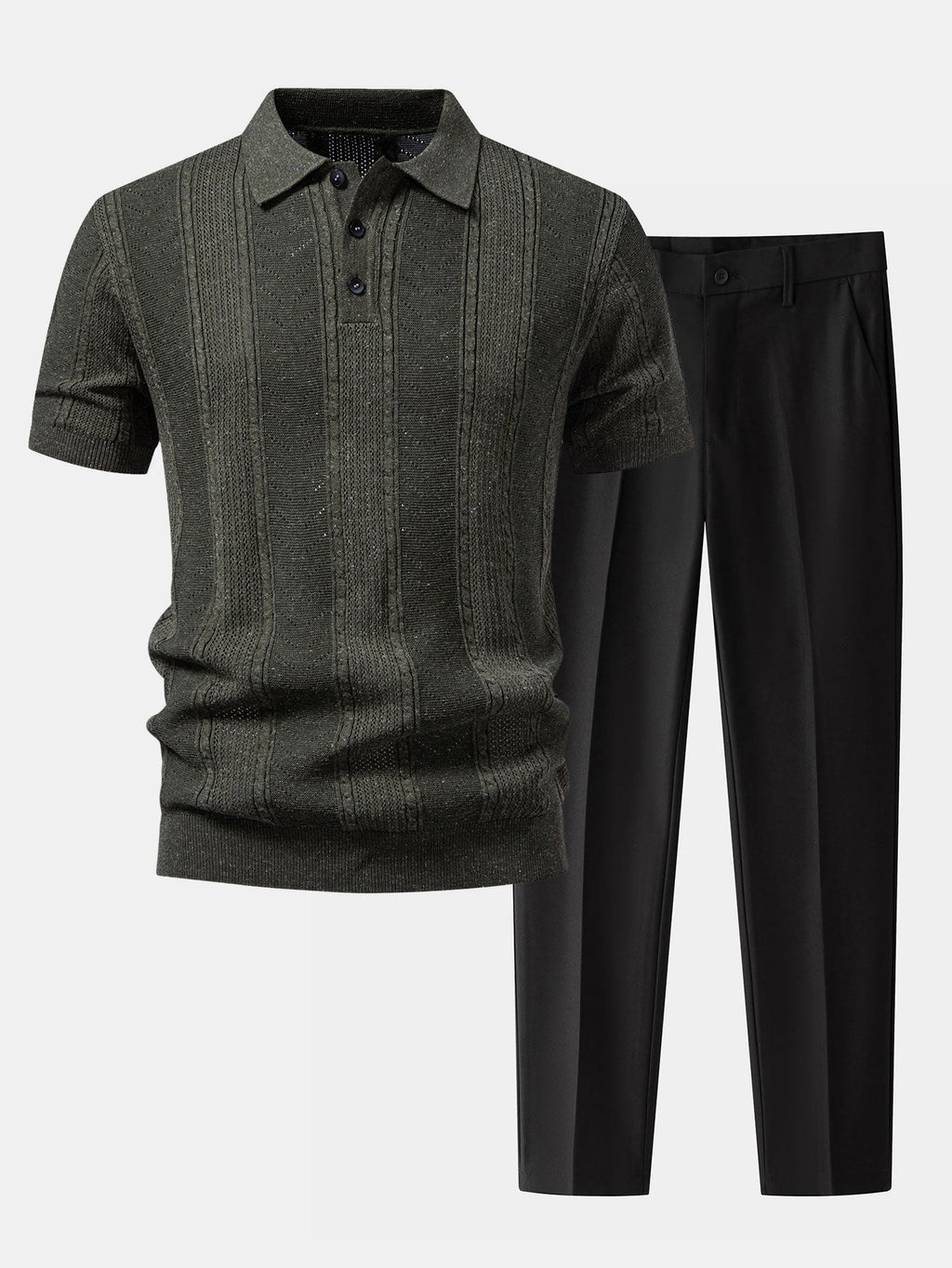 Linen Textured Knit Polo & Slim Fit Tapered Trousers