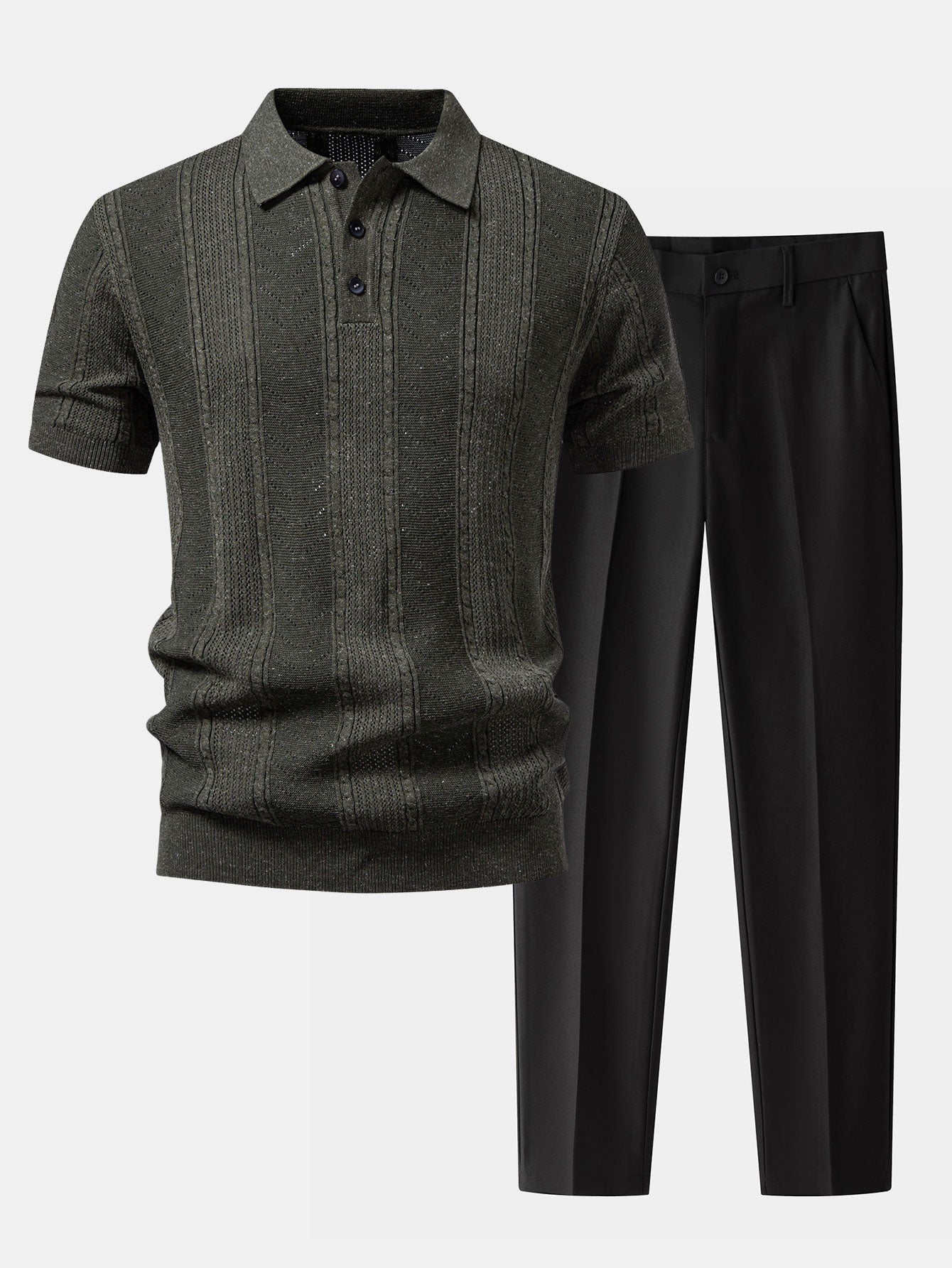 Linen Textured Knit Polo & Slim Fit Tapered Trousers