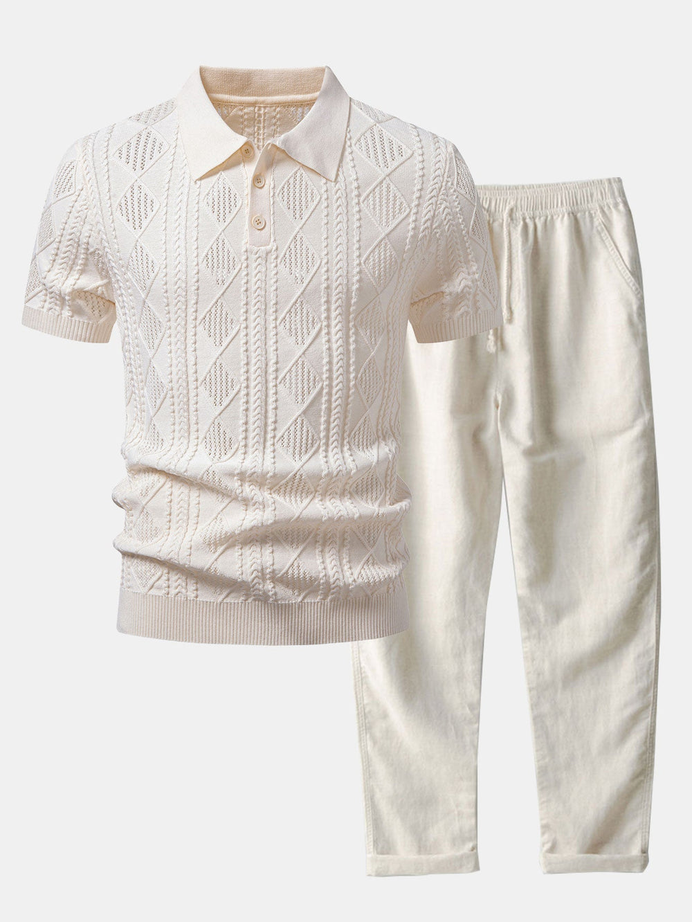 Geometric Jacquard Open Knit Polo & Straight Leg Linen Pants