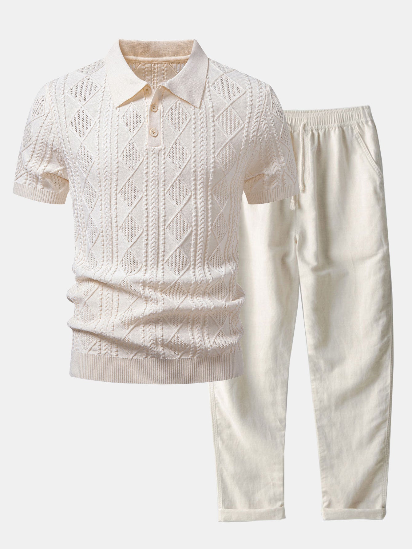Geometric Jacquard Open Knit Polo & Straight Leg Linen Pants