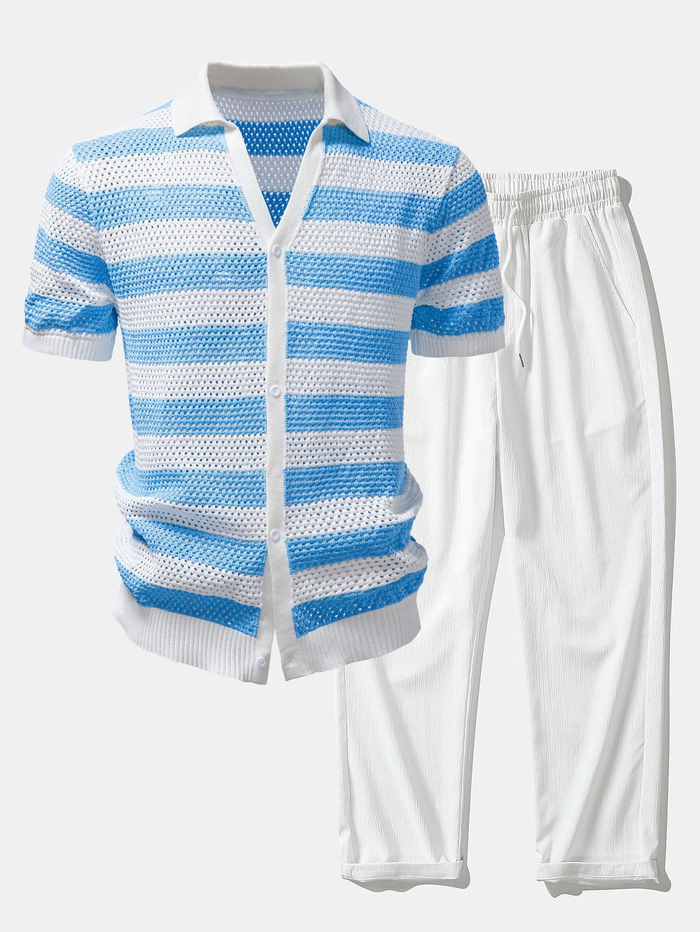 Stripe V Neck Open Knit Shirt & Crinkle Textured Straight Leg Pants