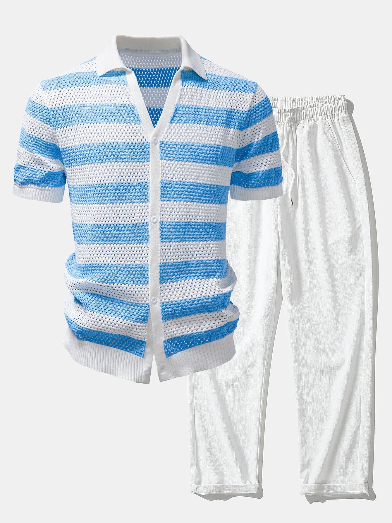 Stripe V Neck Open Knit Shirt & Crinkle Textured Straight Leg Pants
