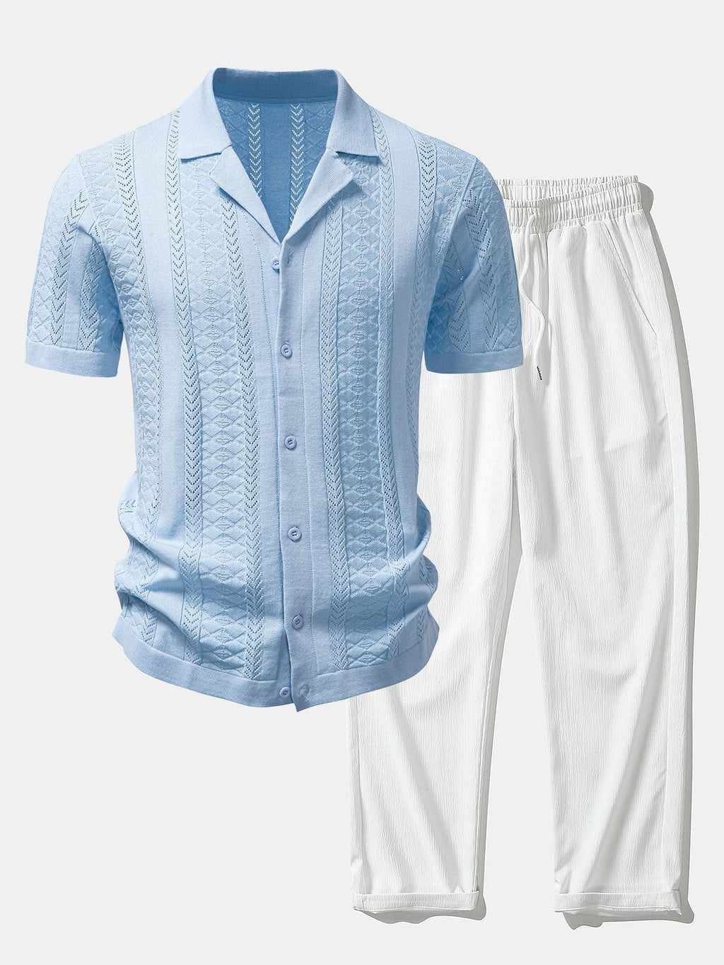 Textured Jacquard Open Knit Shirt & Crinkle Textured Straight Leg Pants