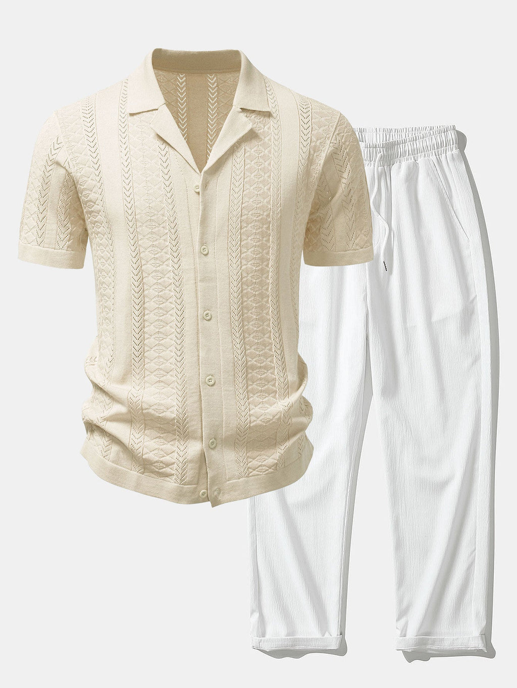 Textured Jacquard Open Knit Shirt & Crinkle Textured Straight Leg Pants
