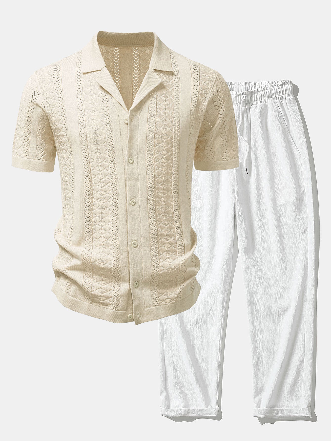 Textured Jacquard Open Knit Shirt & Crinkle Textured Straight Leg Pants