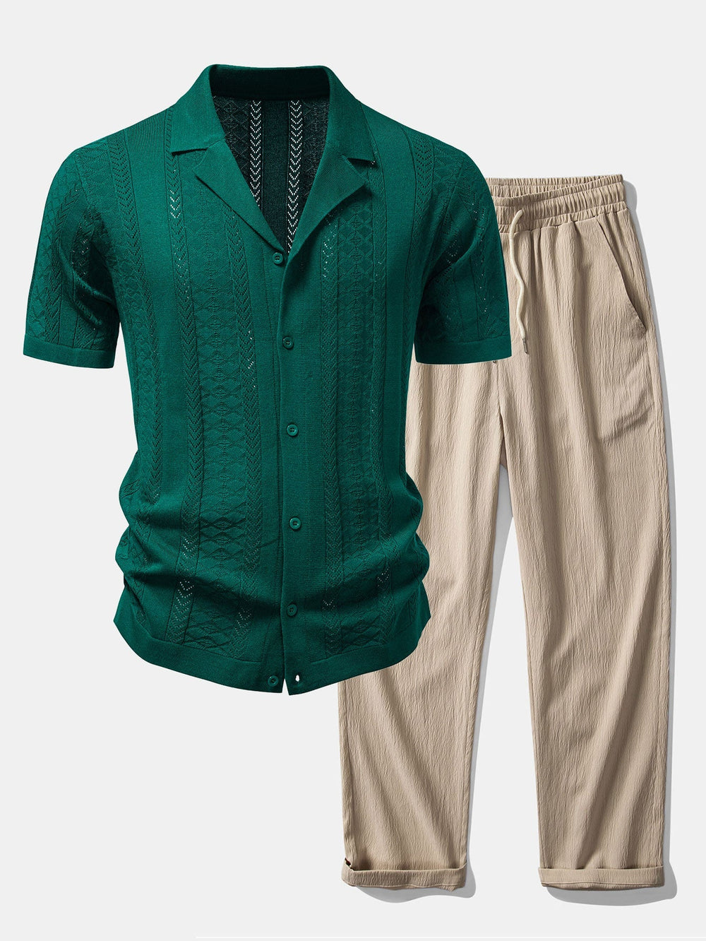 Textured Jacquard Open Knit Shirt & Crinkle Textured Straight Leg Pants