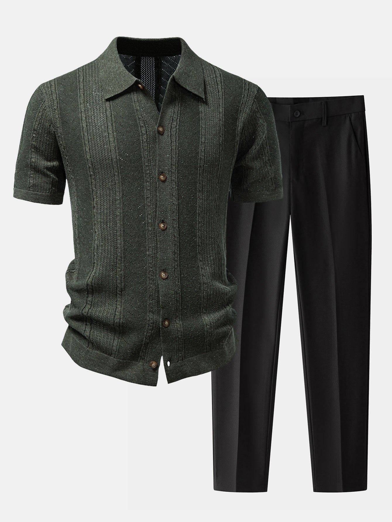 Linen Textured Knit Shirt & Slim Fit Tapered Trousers