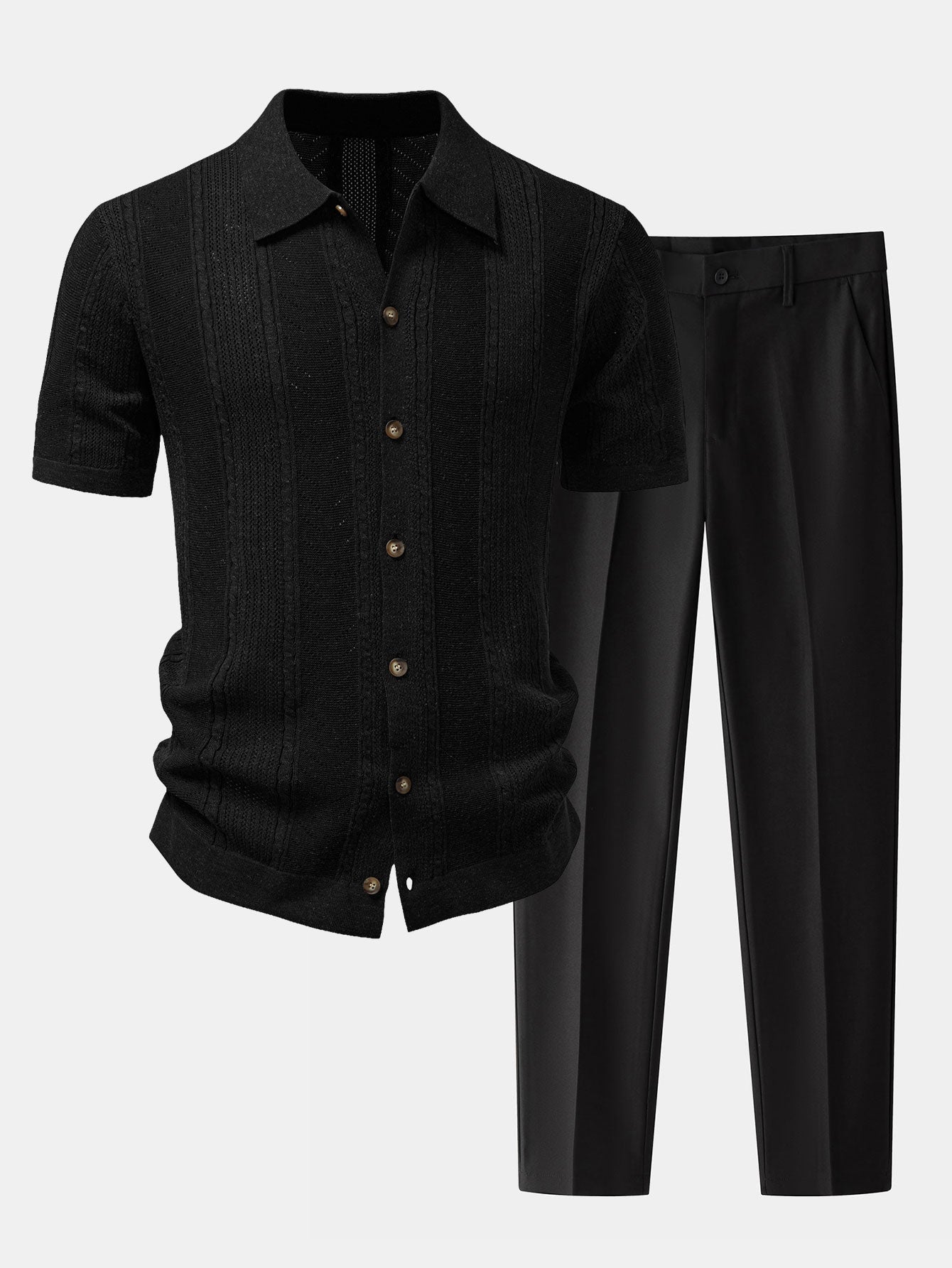 Linen Textured Knit Shirt & Slim Fit Tapered Trousers