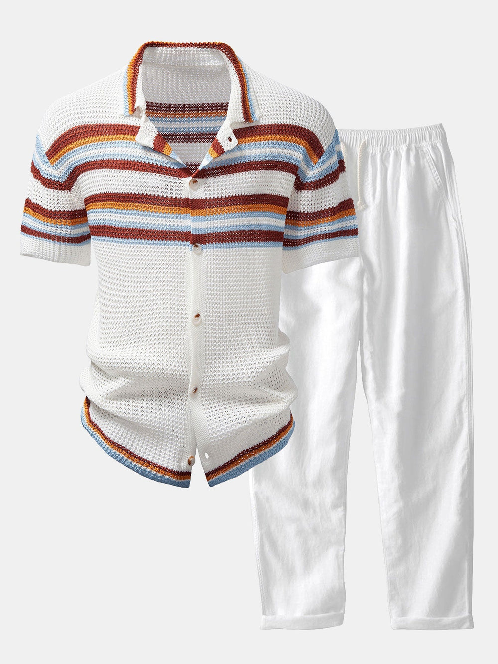 Stripe Button Up Knit Shirt & Straight Leg Linen Pants