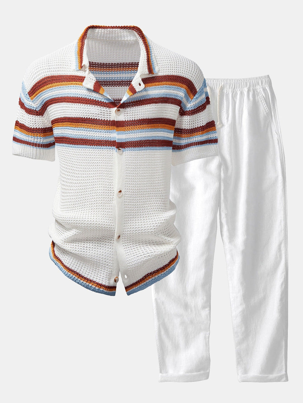 Stripe Button Up Knit Shirt & Straight Leg Linen Pants